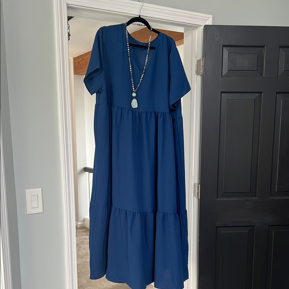 Blue Tiered Maxi Sundress with Flutter Sleeves